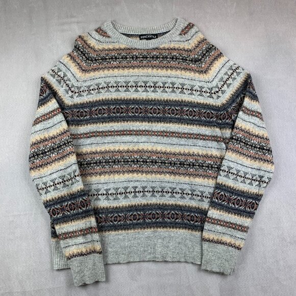 J Crew Mercantile Mens Sweater Large Gray Fair Isle Crewneck Nylon Lambs Wool - Picture 1 of 7